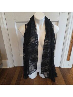 Black Lace Vest One Size Fits All Soft Open Front Shawl Dawls Sleeveless
